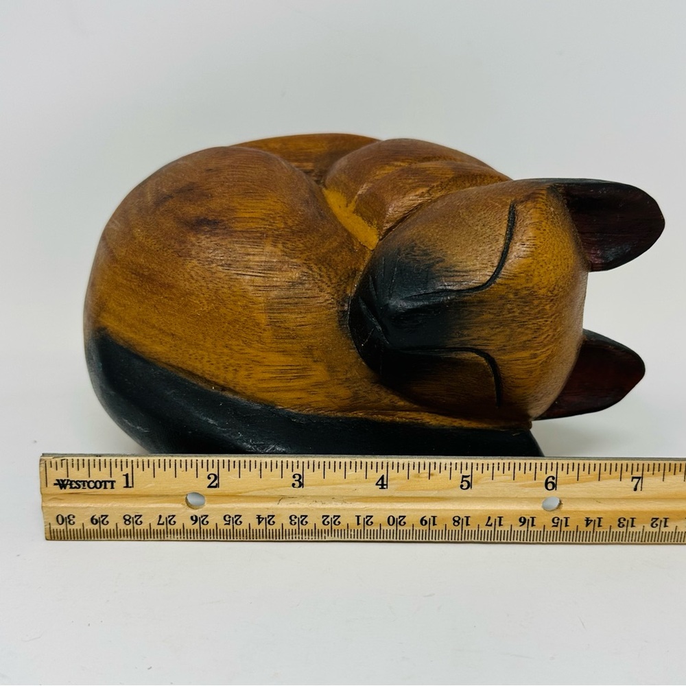 Handcrafted Wooden Sleeping Cat Sculpture Doorstop Siamese Brown Black Heavy - Picture 9 of 11